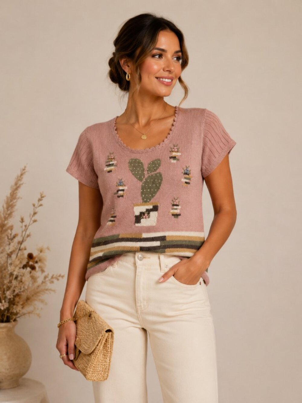 New Pastel Pink Knit Short Sleeve Sweater, Top. Cactus In The Pot.